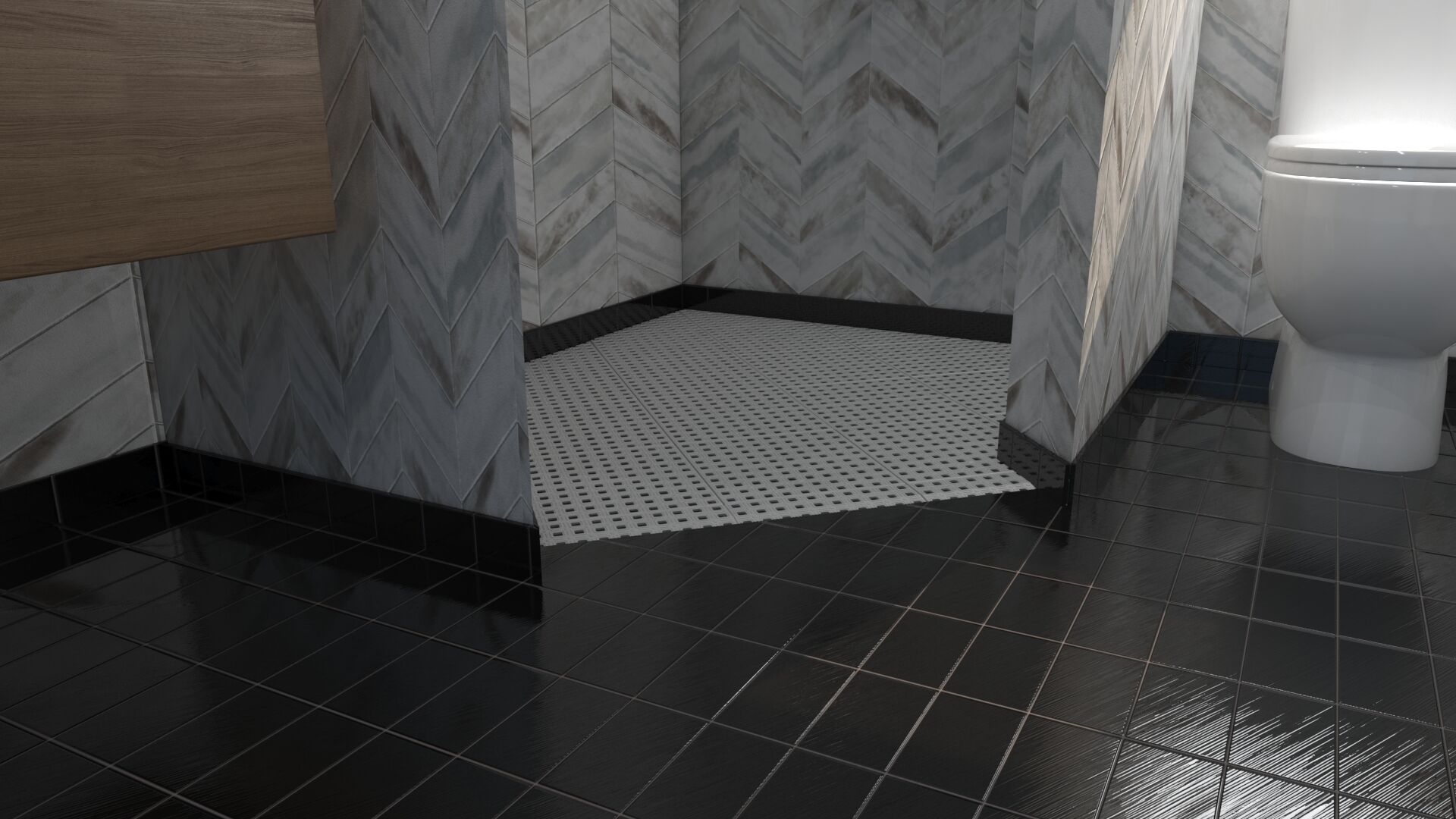 Hjørne adgang til bruseniche Bruseniche med flise og rampe tilpasning